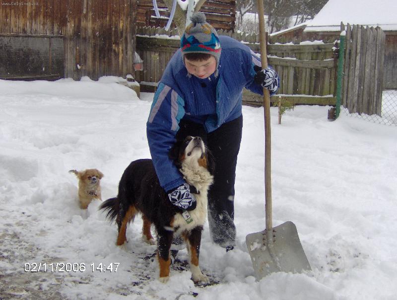 Foto: Pomocníci-Tak to je ale fuška, ak by som nemal takých pomocníkov, tak si určite neporadím s toľkým snehom